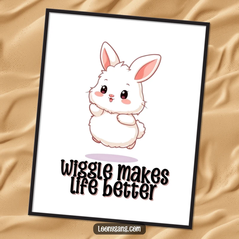 Funny bunny digital art print of a fluffy white rabbit in a comical wiggle hop, perfect for instant whimsical decoration.