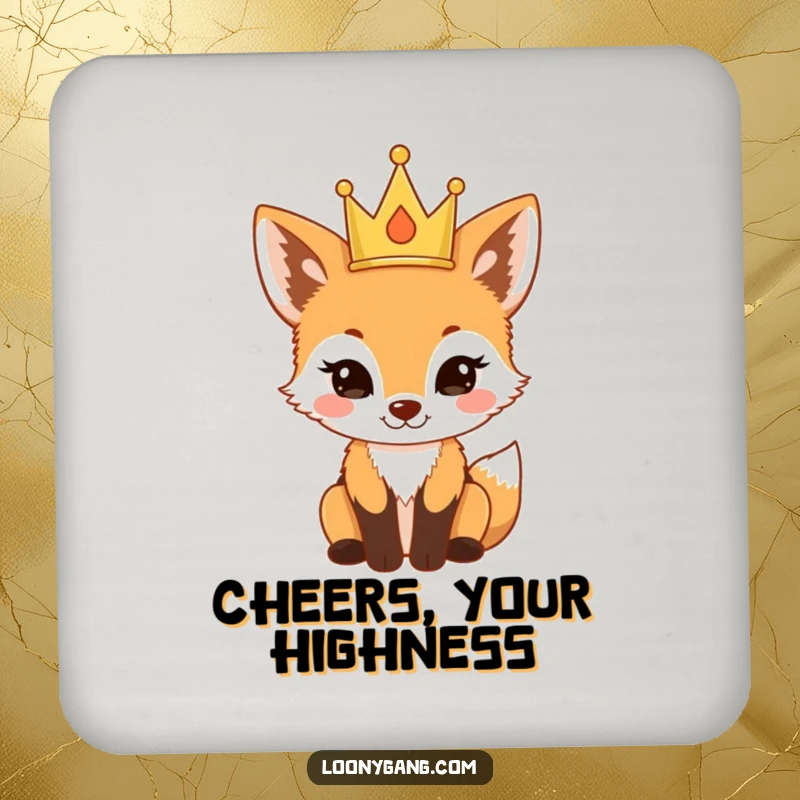 Funny fox cub wearing a tiny crown looking proud on a protective drink coaster, a charming and funny gift.