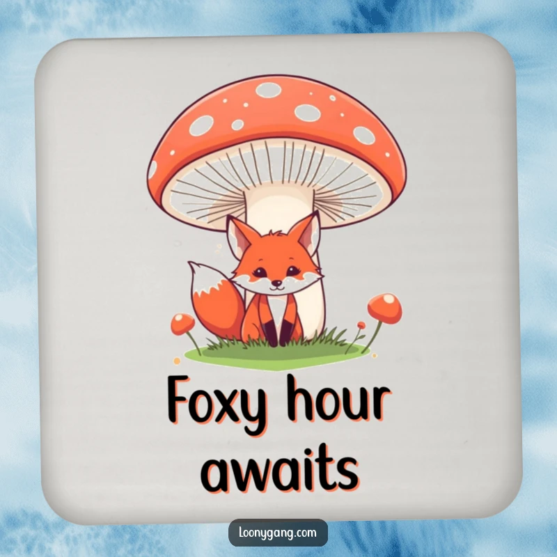 Funny fox coasters featuring a sly red fox peeking from behind a giant, comical mushroom, protecting surfaces with charm and whimsy. Ideal for adding a funny touch to any home.