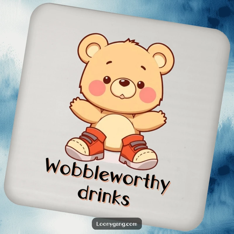 A set of coasters depicting a funny bear cub wobbling in comically oversized shoes, safeguarding your furniture with charm.