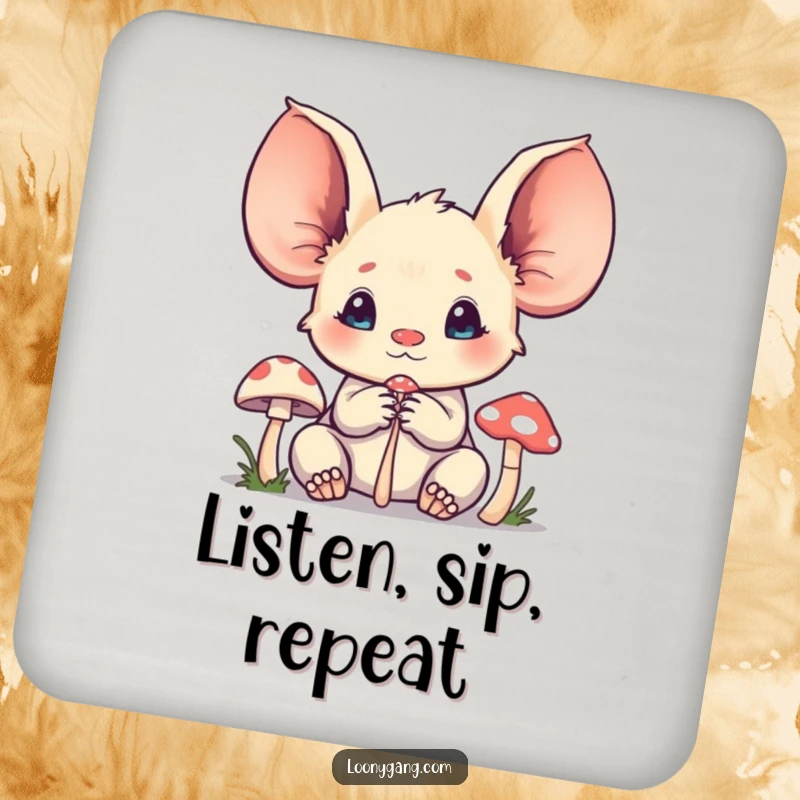 Funny creature drink coaster depicting a character with oversized ears listening intently to a tiny mushroom, adding subtle humor.