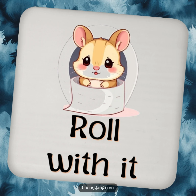 Funny hamster cub comically stuck inside a toilet paper roll, depicted on a protective drink coaster.