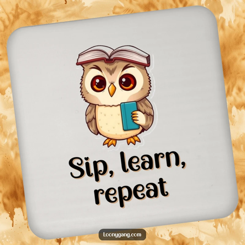 A set of coasters depicting a funny, bewildered owl cub with a book balanced on its head, safeguarding your furniture.