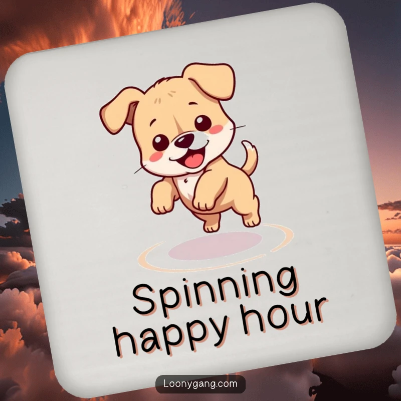 Funny puppy coasters featuring a clumsy dog spinning in a dizzy circle chasing its tail, protecting surfaces with charm and humor. Ideal for adding a funny touch to any home.
