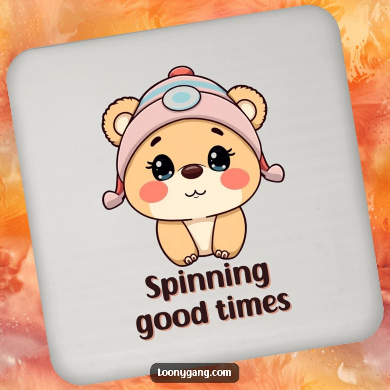 Funny bear cub wearing a propeller beanie, expressing comical surprise, protecting surfaces on a round coaster.