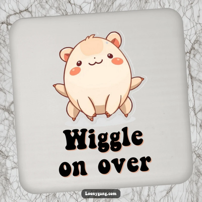 Funny smiling creature with six short legs wiggling rhythmically, humorous drink coasters.