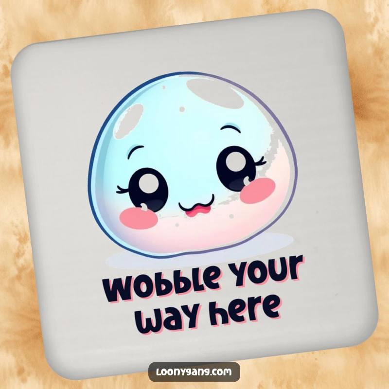 Funny wobbly jelly blob coasters, big-eyed, jiggly characters wobbling uncontrollably, adding humorous protection to surfaces.