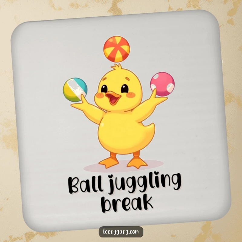 Funny yellow duckling drink coaster showing a happy duckling juggling colorful balls, providing table protection with a humorous touch. Home accessory.