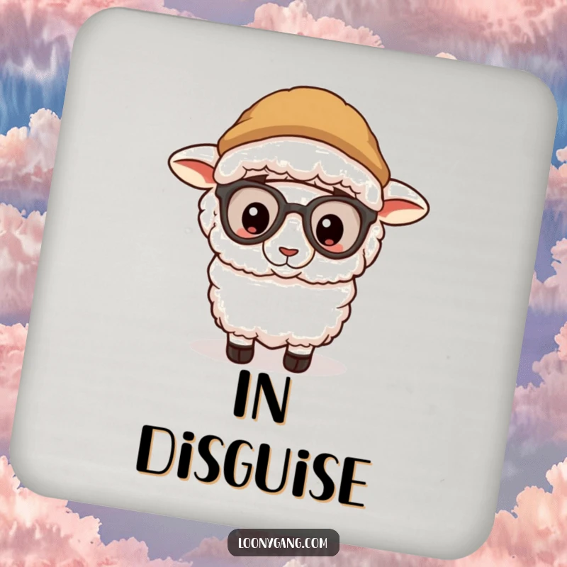 Funny sheep wearing a silly disguise and peeking out from a protective drink coaster, a charming and funny gift.