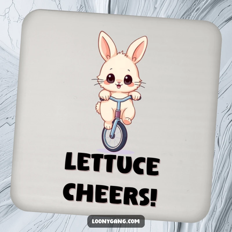 Funny rabbit unicycle coaster featuring a fluffy bunny with wide eyes, balancing on a unicycle, protecting surfaces with humor.