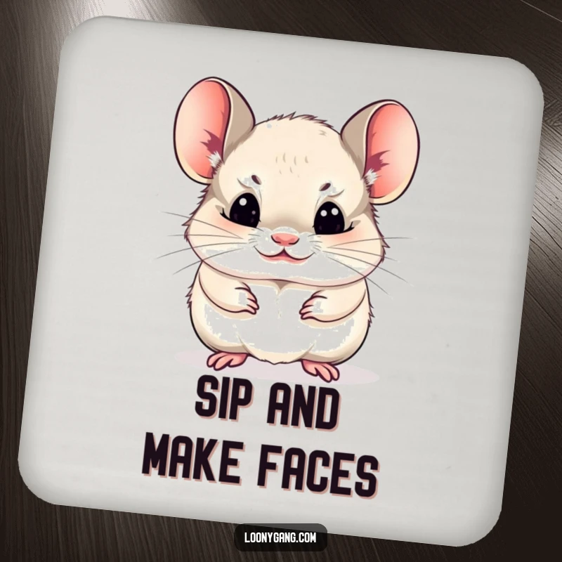 Funny chinchilla cub making a funny face, set of coasters, cute pet decor.