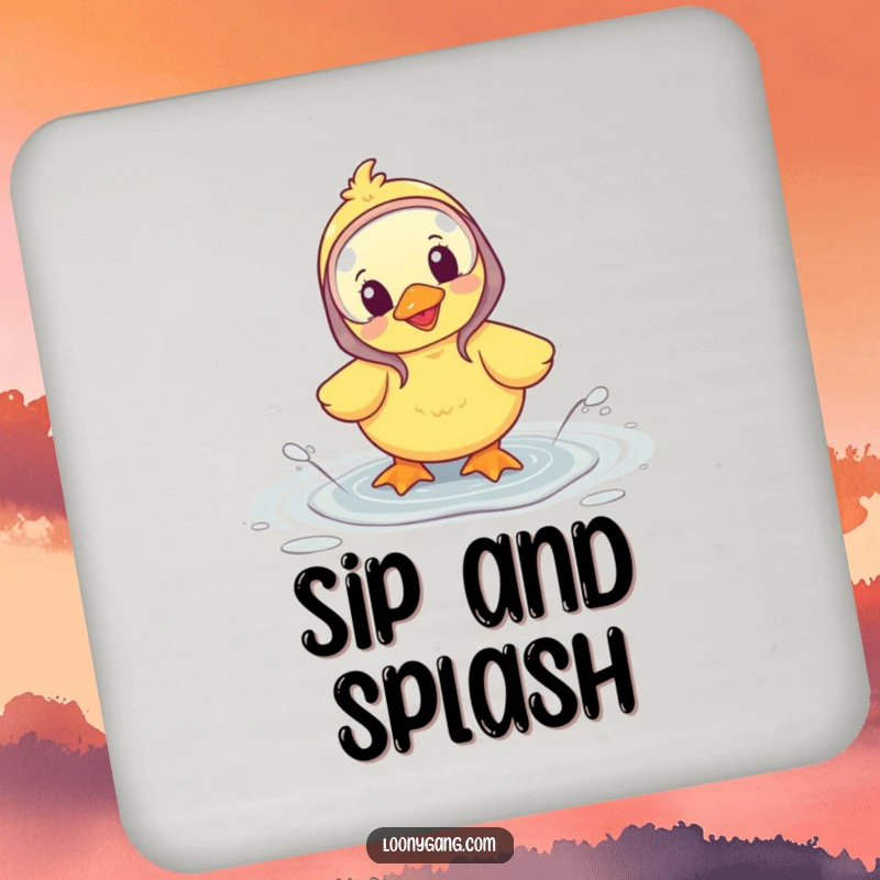Funny drink coaster featuring a happy duckling in galoshes splashing in a puddle, adding cheerful appeal.