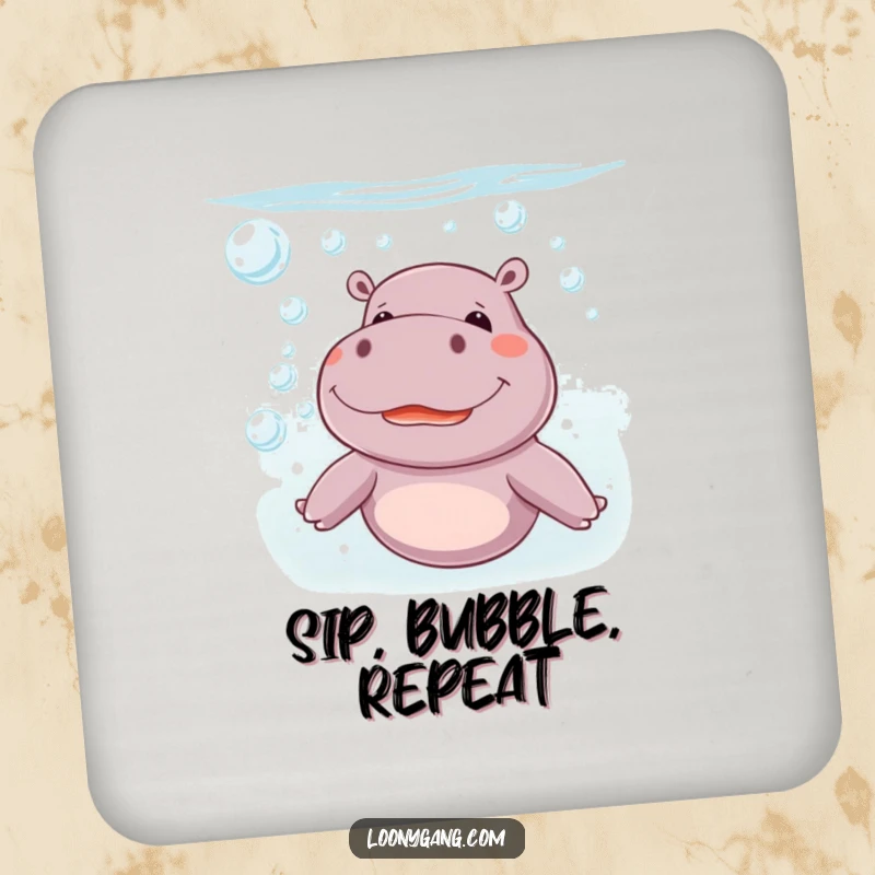 Funny giggling hippo blowing bubbles underwater on a protective drink coaster, a charming and funny gift.