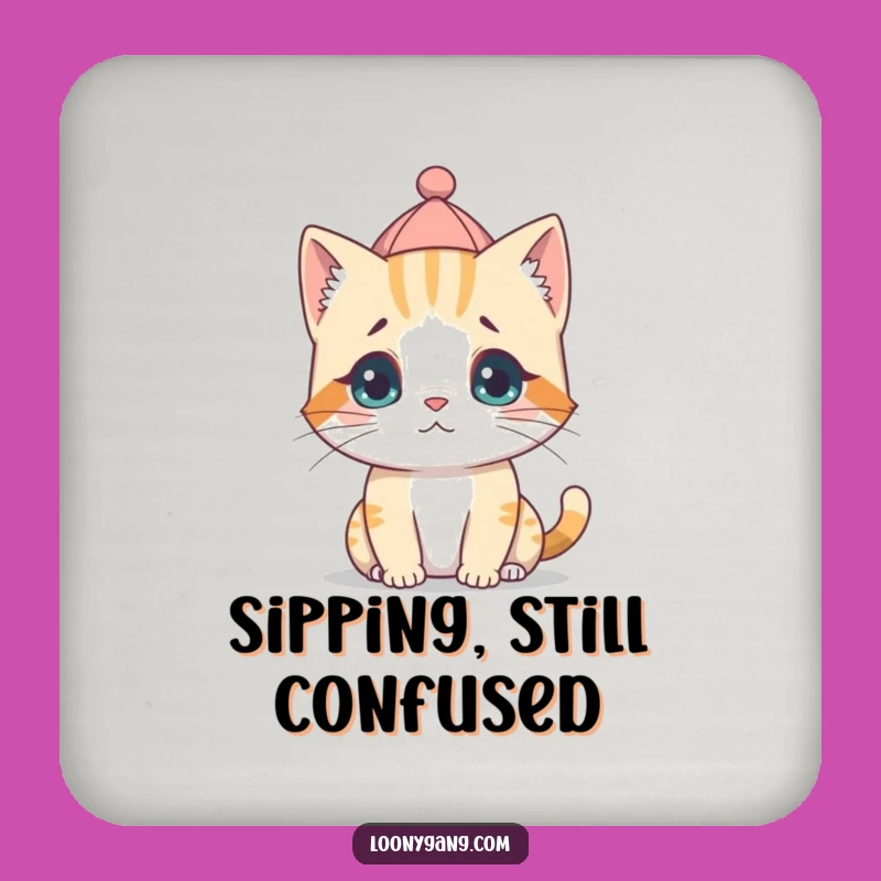 Funny Cat Cub Backwards Hat Coasters - Silly Confused Feline Set