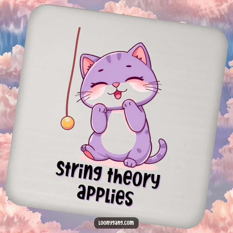 Funny purple cat drink coaster depicting a playful cat batting at a string, adding a humorous touch to table protection. Home accessory.