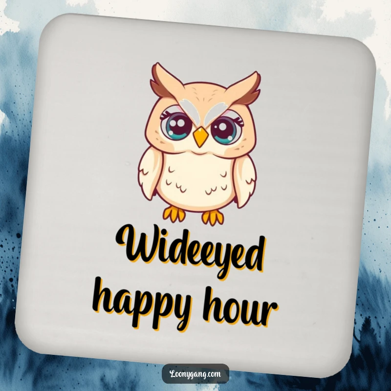 Funny drink coasters showcasing a startled owl with eyes popping out, protecting tables with humor, great funny gift.