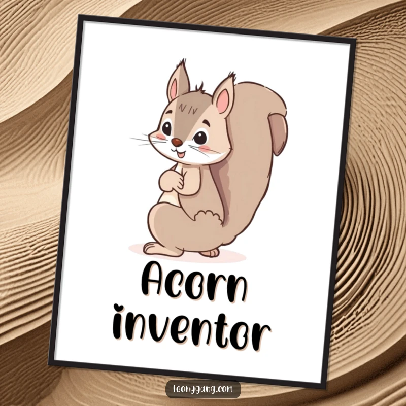 Funny squirrel poster, a mischievous squirrel hiding a giant acorn behind its back, looking sly and ready for anything.