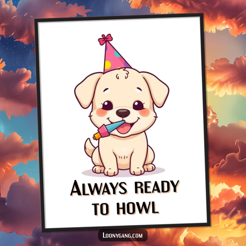 Funny poster of a happy dog wearing a tiny party hat and blowing a noisemaker, creating a joyful and festive atmosphere.