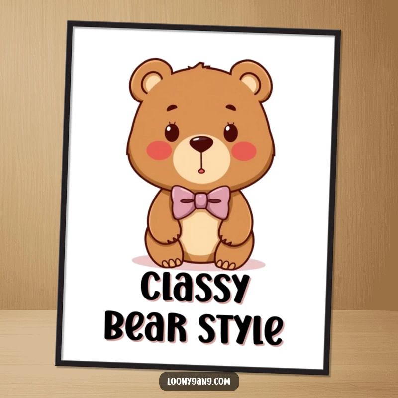 Funny bear cub poster featuring a cute brown bear with a hilariously crooked bowtie, adding whimsical art to any space.