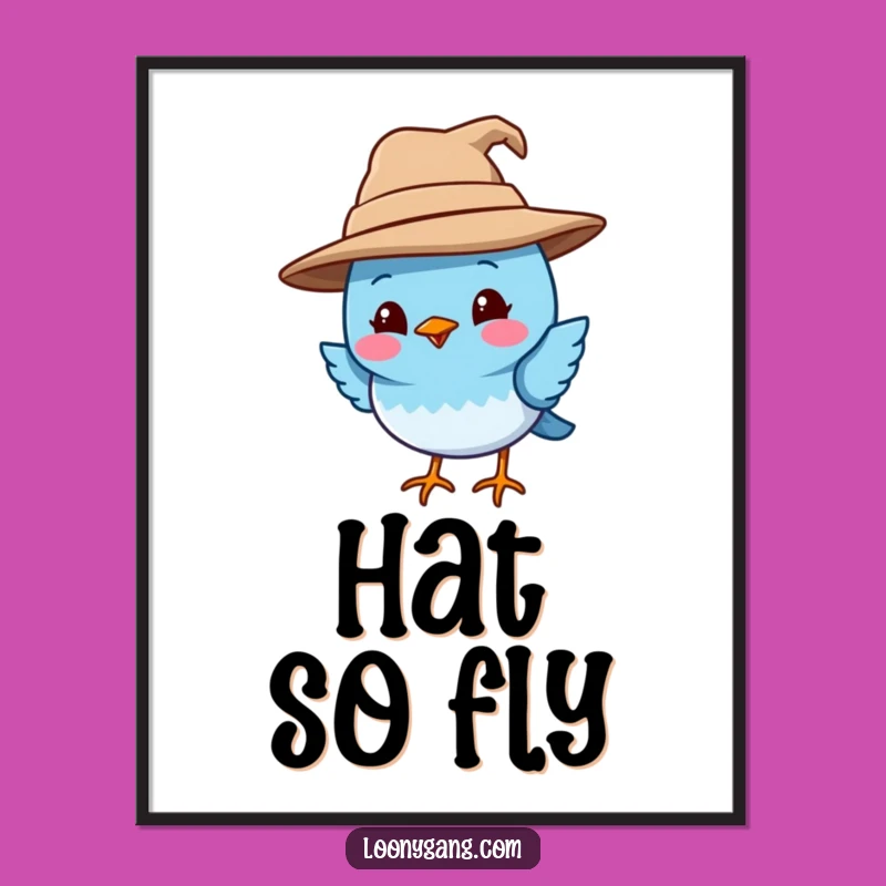 Funny Blue Bird Poster: Quirky Bird in Big Hat, Whimsical Wall Art Funny Gift