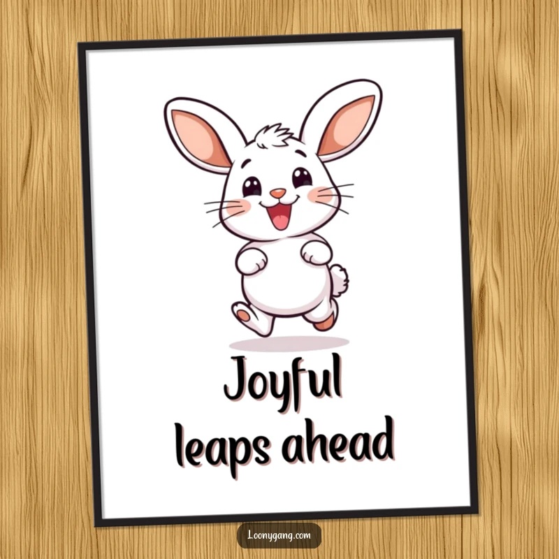 Funny poster of a smiling bunny with oversized ears, captured mid-hop in a moment of pure delight and bouncy energy.