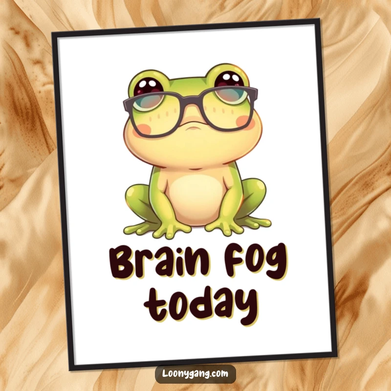 Funny frog wearing large glasses, appearing confused and lost in thought on a poster, a humorous and funny gift.