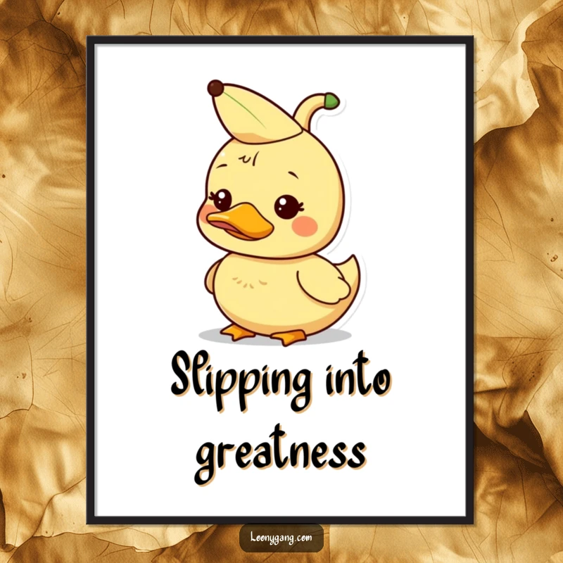 Funny dorky duckling with banana peel hat, silly wall art poster, humorous decor.