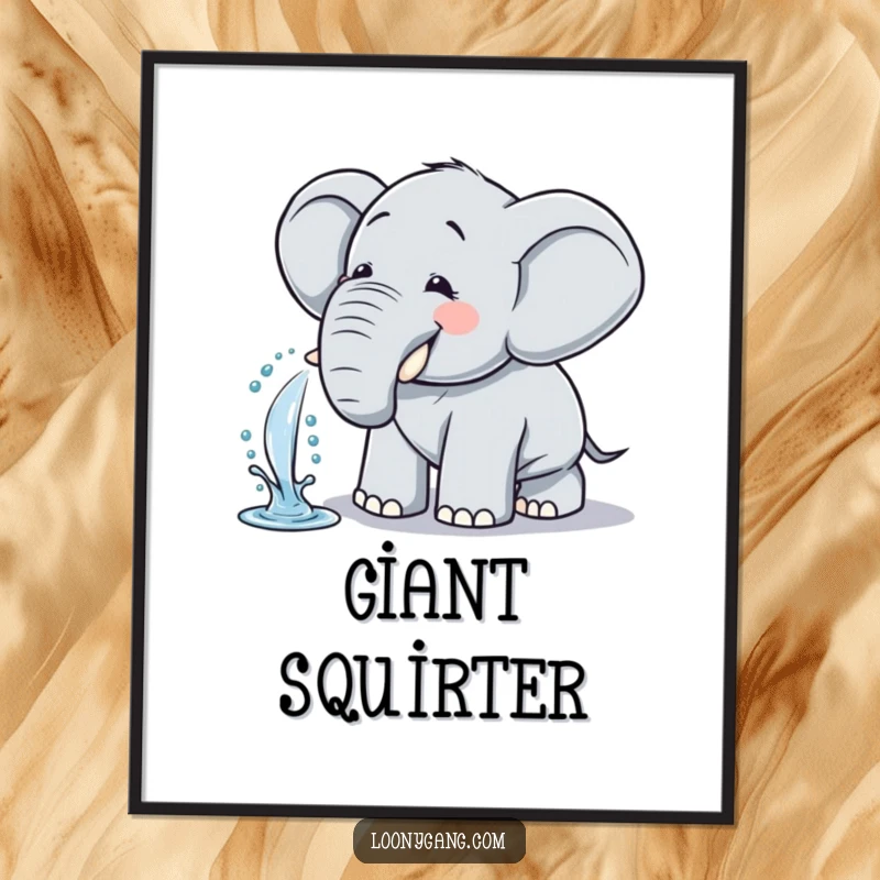 Funny Elephant Poster: Vibrant print of a comical elephant giggling and spraying water from its trunk.