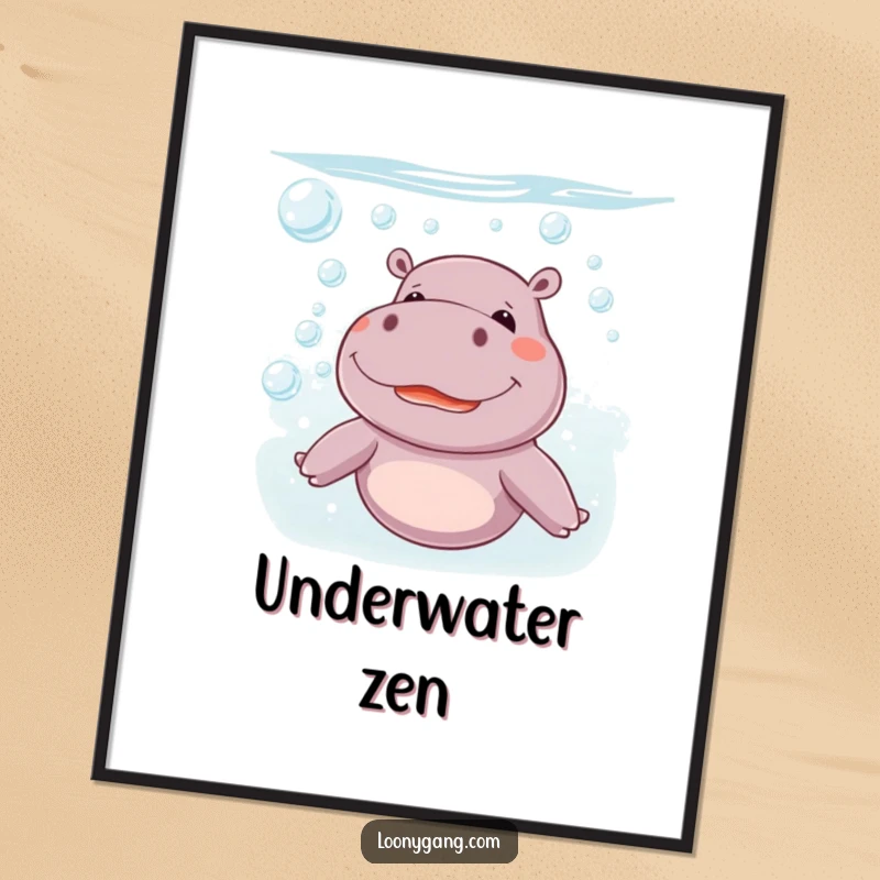 Funny giggling hippo creating a cascade of bubbles underwater on a vibrant art poster, a humorous and decorative funny gift.