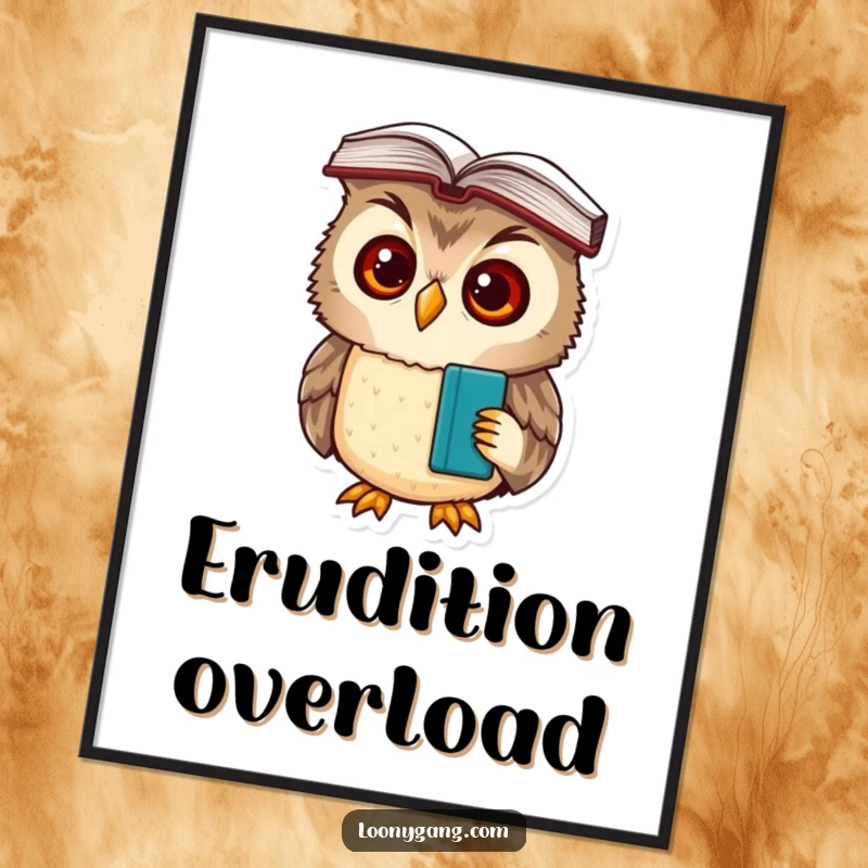 A charming poster print of a funny, bewildered owl cub with large eyes, a book resting on its head, looking studious.