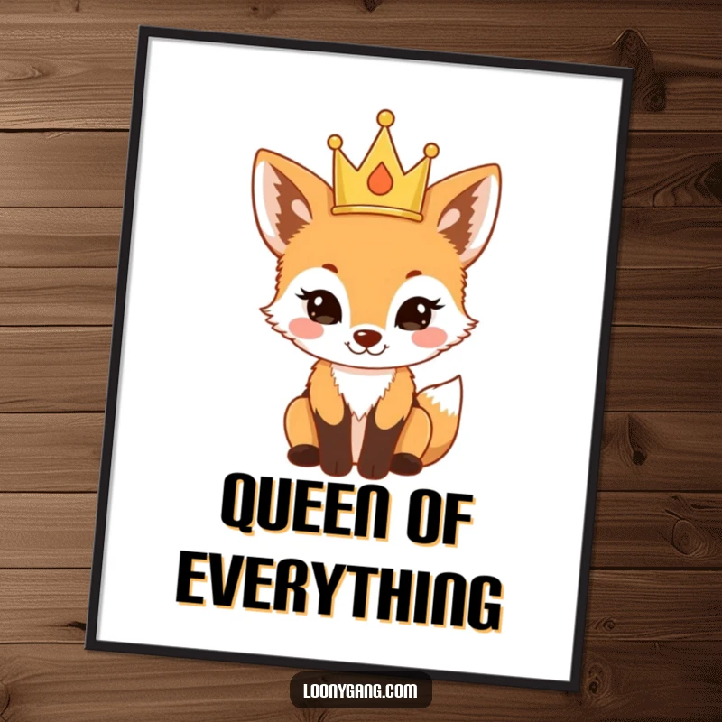 Funny fox cub wearing a tiny crown, looking proud and majestic on a poster, a delightful and funny gift.