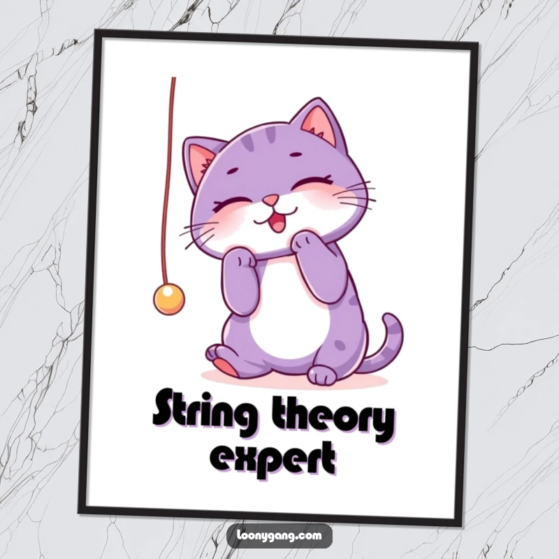 Funny purple cat poster depicting a whimsical scene of a cat playfully attacking a string, full of charm and humor. Wall art.