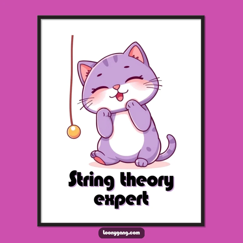 Funny Purple Cat Art Poster: Playful String Moment, Whimsical Wall Decor Gift