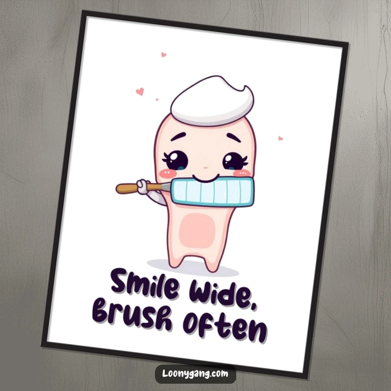 Funny animated toothbrush with a wide, silly smile brushing air, presented as vibrant and humorous wall art.