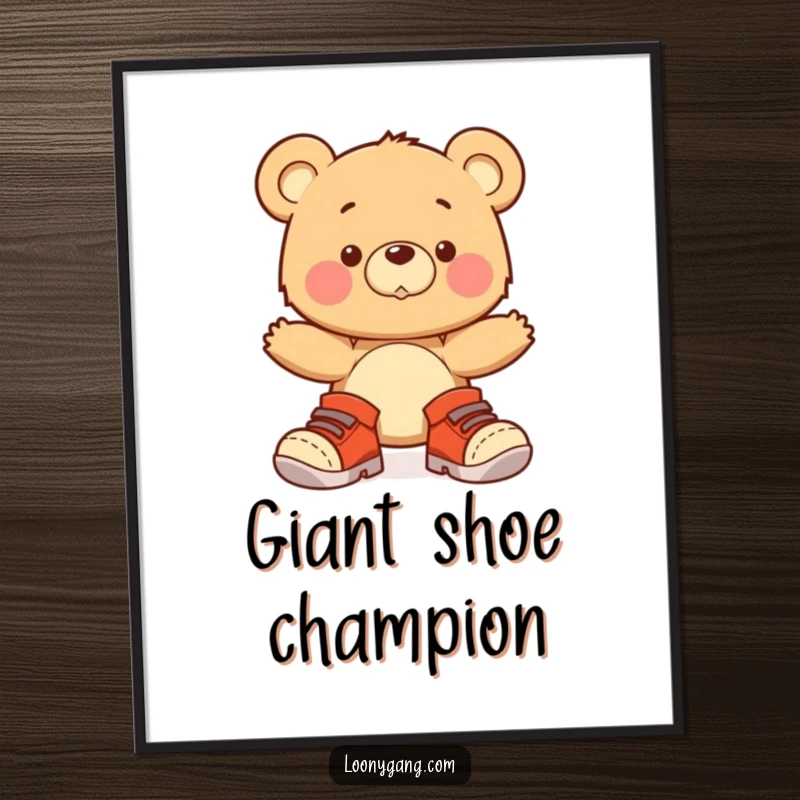 A colorful wall art print of a funny bear cub wobbly walking in comically oversized shoes, radiating cute energy.