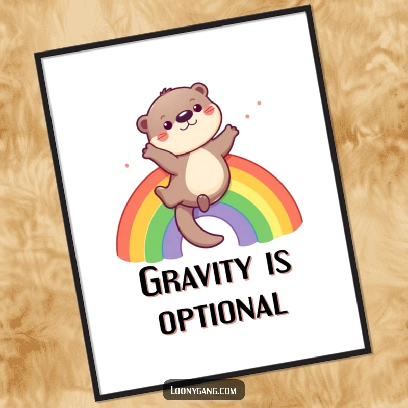 Funny otter poster depicting a playful otter sliding down a rainbow, radiating happiness and fun.