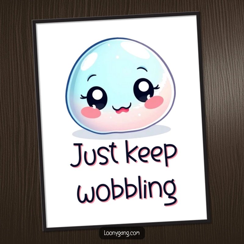 Funny wobbly jelly blob poster, a big-eyed, gelatinous character depicted in extreme, hilarious wobbling for eye-catching decor.