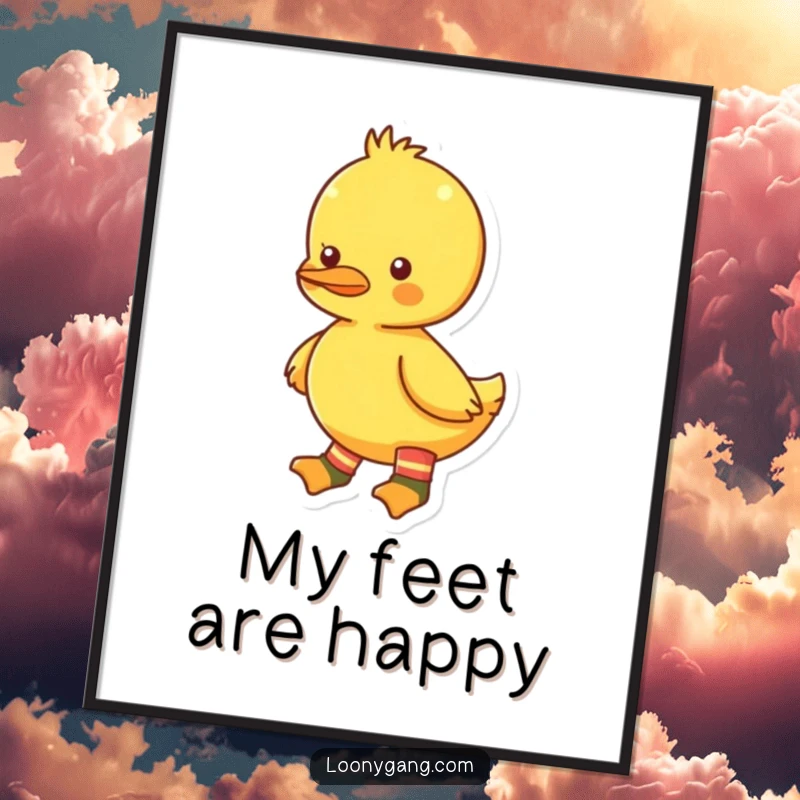 Funny bright yellow duckling poster with distinct mismatched socks, radiating playful energy and charming eccentricity. Ideal funny wall decor.