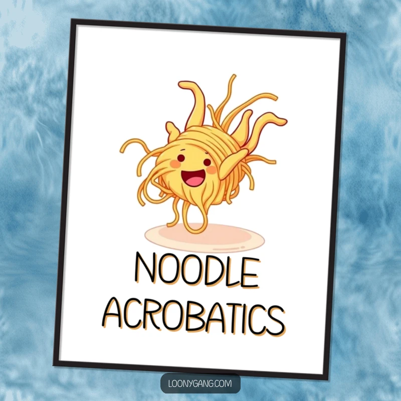 Funny Spaghetti Somersault Poster capturing a grinning spaghetti noodle attempting a clumsy somersault, a humorous and artistic statement for any wall.