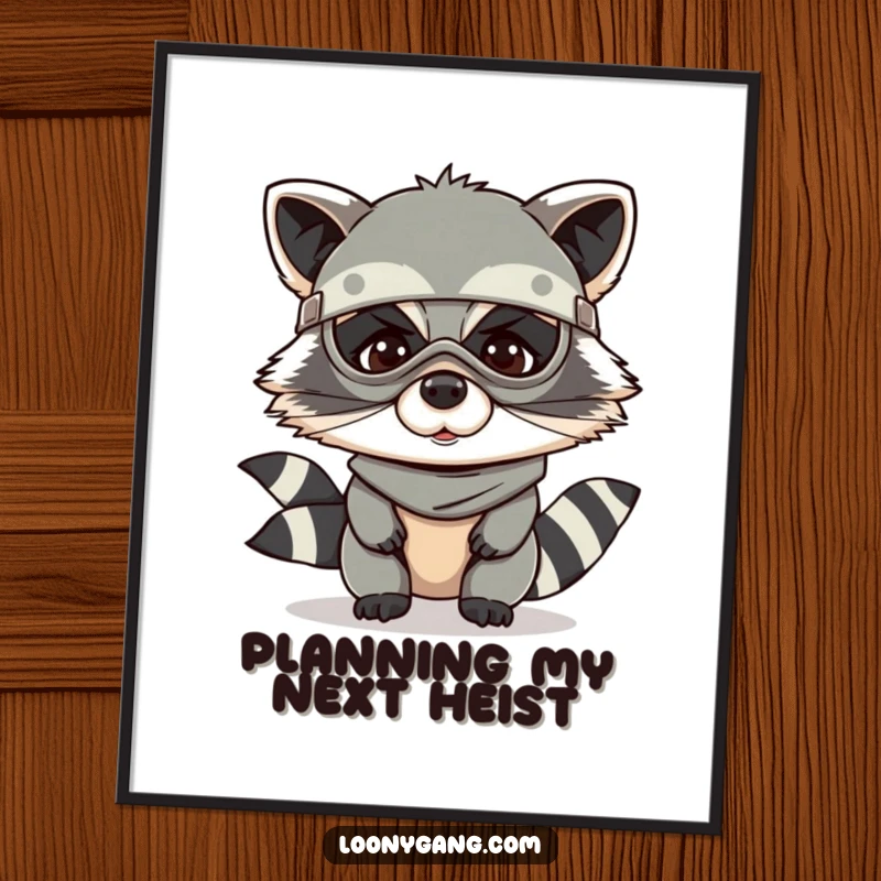 Funny raccoon poster depicting a giggling raccoon wearing a bandit mask, conveying mischief and playful charm.