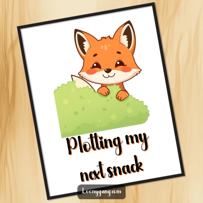 Funny Fox Poster capturing a sly fox peeking from behind a bush with a mischievous grin, perfect for adding a humorous and intriguing vibe.