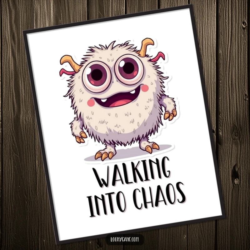 Funny fuzzy monster with numerous eyes comically tripping over its feet, presented as charming wall art.
