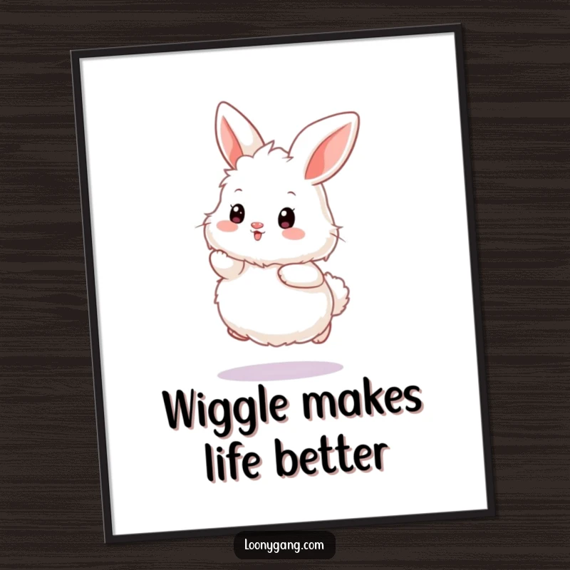 Funny bunny poster featuring a fluffy white rabbit in a comical exaggerated wiggle hop, adding a touch of lighthearted art.
