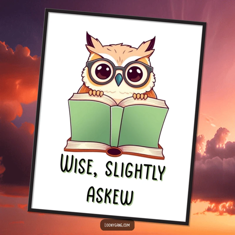 Funny poster showcasing an owl with crooked glasses peering over a large book, adding a humorous intellectual vibe.