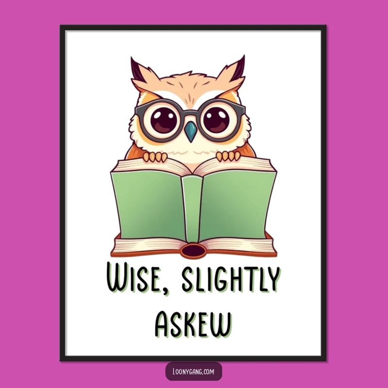 Funny Owl Reading Poster: Whimsical Art Print of Spectacled Bird Over Book, Gift Idea