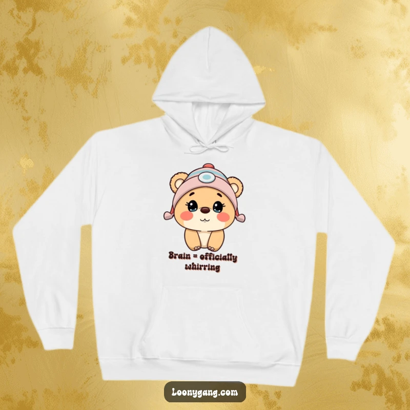 Funny bear cub in a propeller beanie, looking utterly surprised, adorably printed on a soft hoodie.