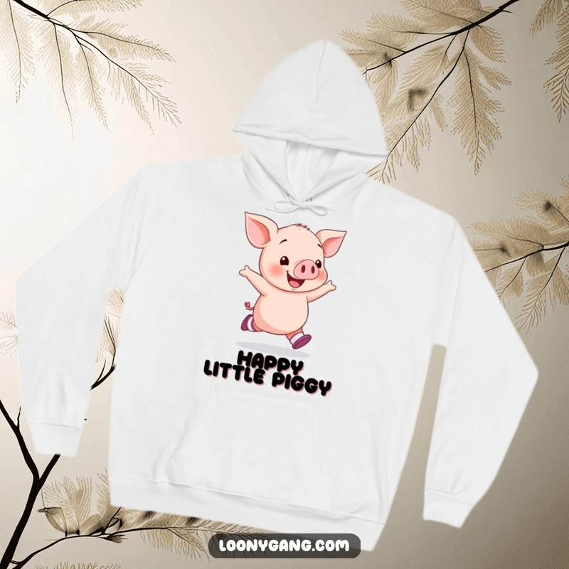 Funny piglet socks hoodie featuring a happy piglet skipping with mismatched socks, bringing cozy humor and cheerful vibes.