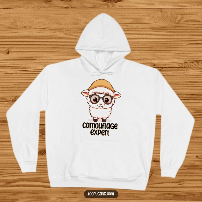 Funny sheep wearing a funny disguise and peeking out from a cozy hoodie, a warm and funny gift.