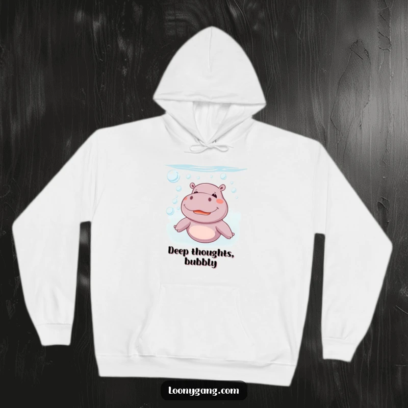 Funny giggling hippo in a cozy hoodie blowing numerous bubbles underwater, a delightful and funny gift idea.