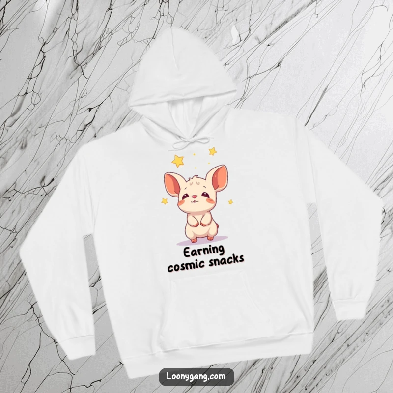 Funny creature with large cupped ears attempting to catch falling stars in a cozy hoodie.